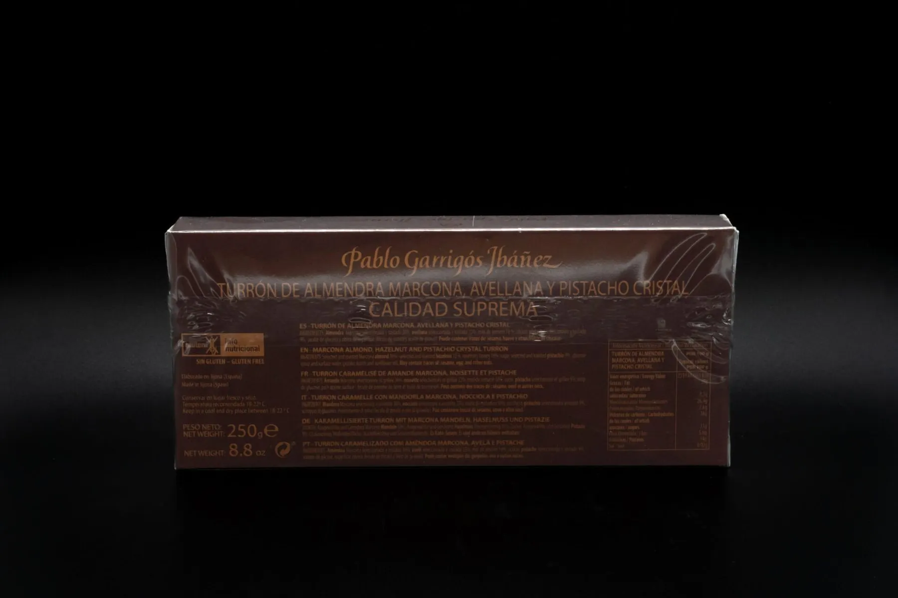 Turrón de almendra marcona, avellana y pistacho · Cristal · Calidad Suprema · Pablo Garrigós Ibáñez