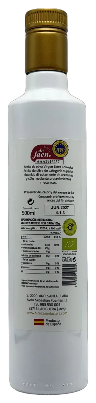 Aceite de oliva virgen extra Alcuza · Santa Clara · Picual ecológico · 500 ml