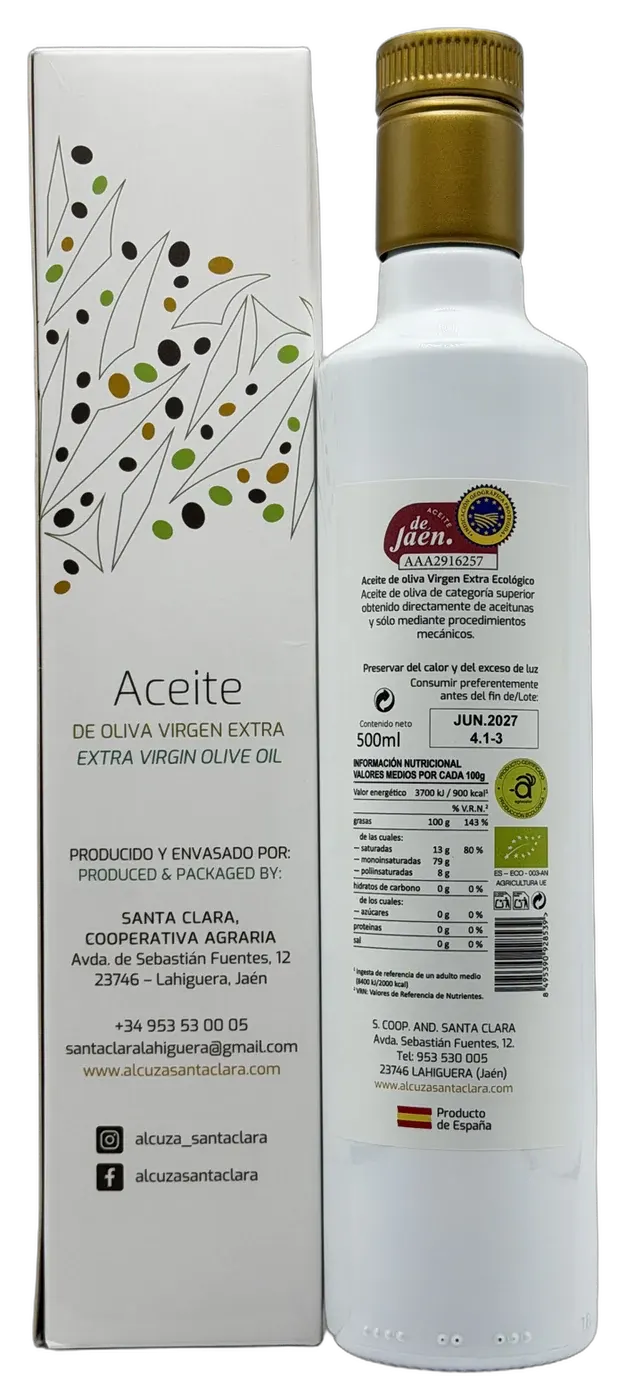 Aceite de oliva virgen extra Alcuza · Santa Clara · Picual ecológico · 500 ml