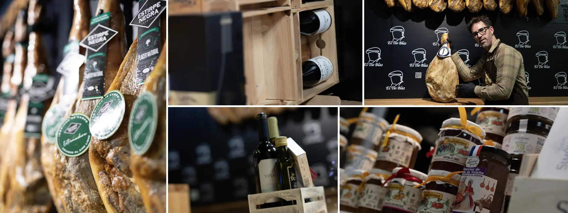 Collage del interior de la tienda: jamones, vinos, quesos y conservas